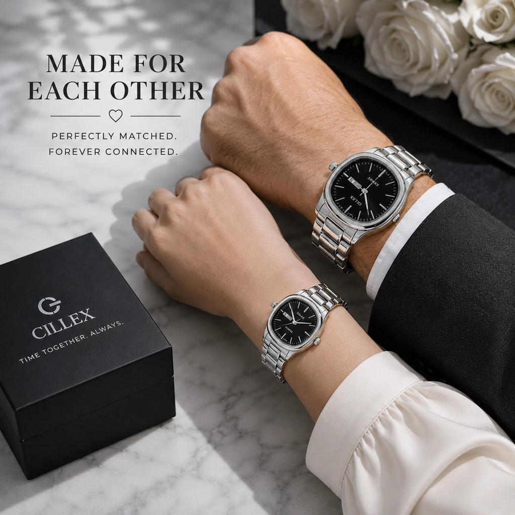CILLEX CL-5033 Noir — Couple Watch Set | Black Dial Steel