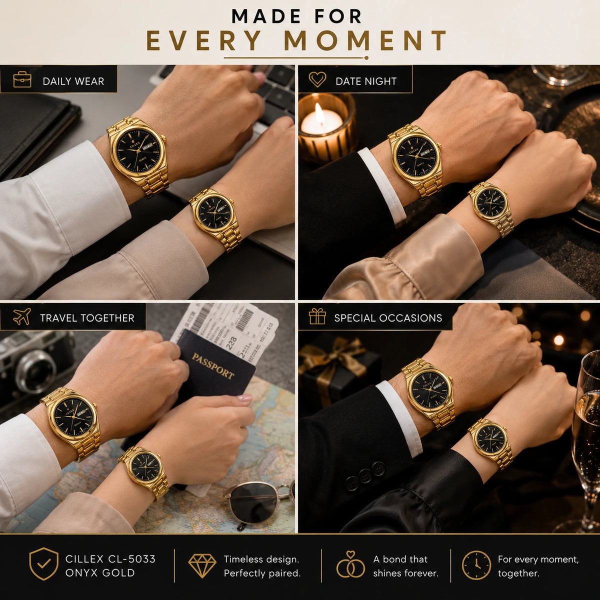 CILLEX CL-5033 Onyx Gold — Couple Watch Set | Black Dial Gold Case