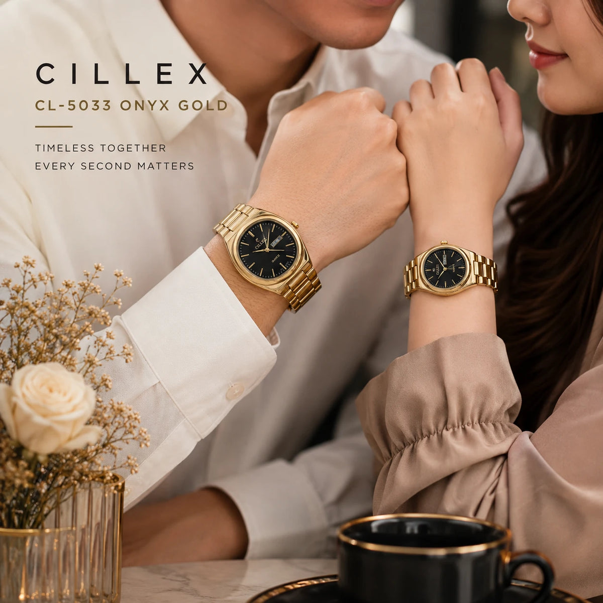 CILLEX CL-5033 Onyx Gold — Couple Watch Set | Black Dial Gold Case