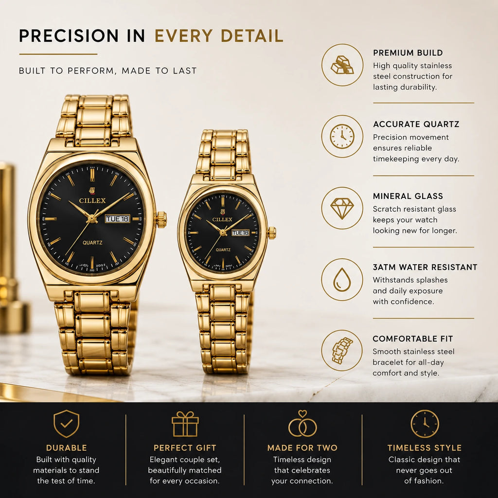 CILLEX CL-5033 Onyx Gold — Couple Watch Set | Black Dial Gold Case