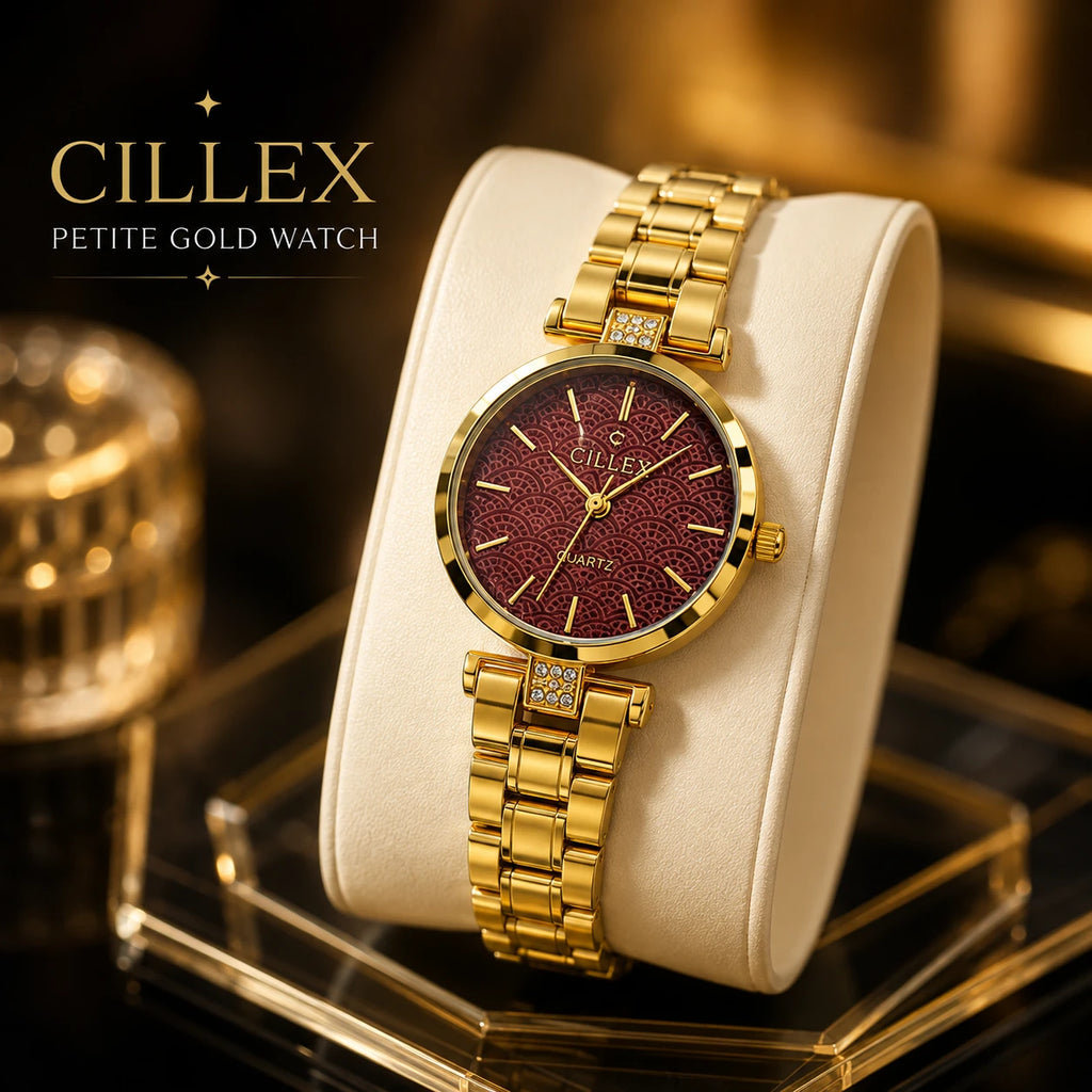CILLEX Petite Gold Watch — Burgundy Wave Dial