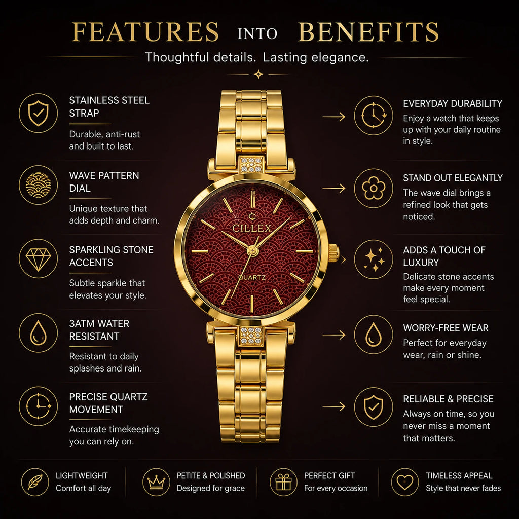 CILLEX Petite Gold Watch — Burgundy Wave Dial