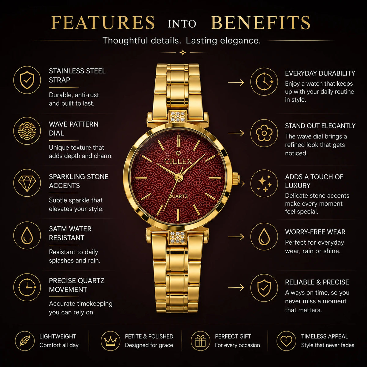 CILLEX Petite Gold Watch — Burgundy Wave Dial