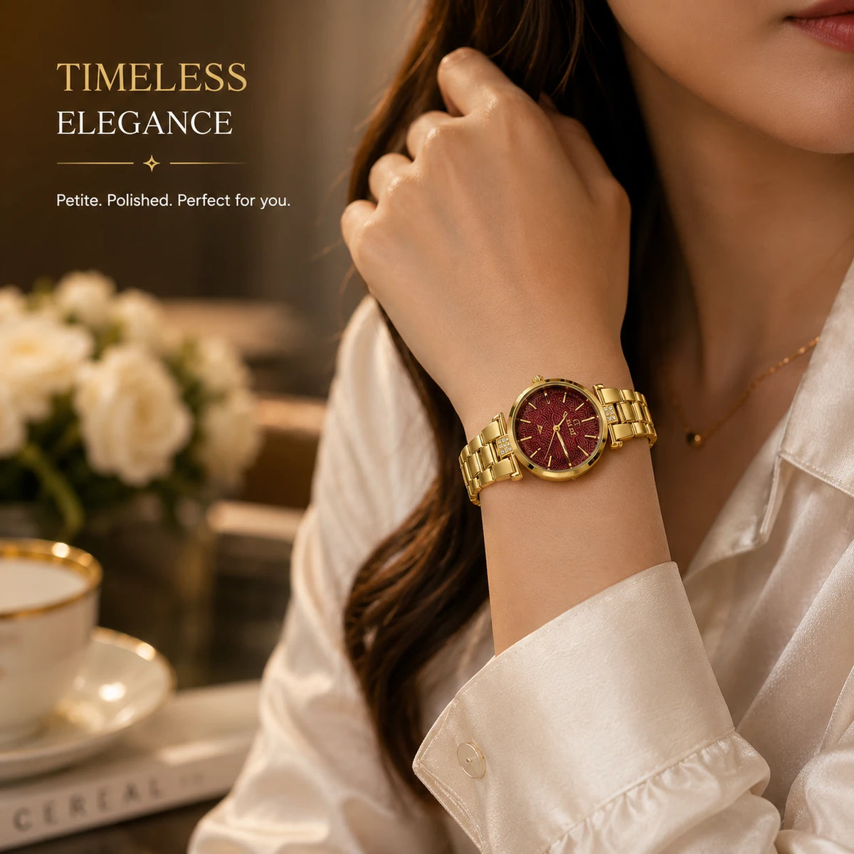 CILLEX Petite Gold Watch — Burgundy Wave Dial