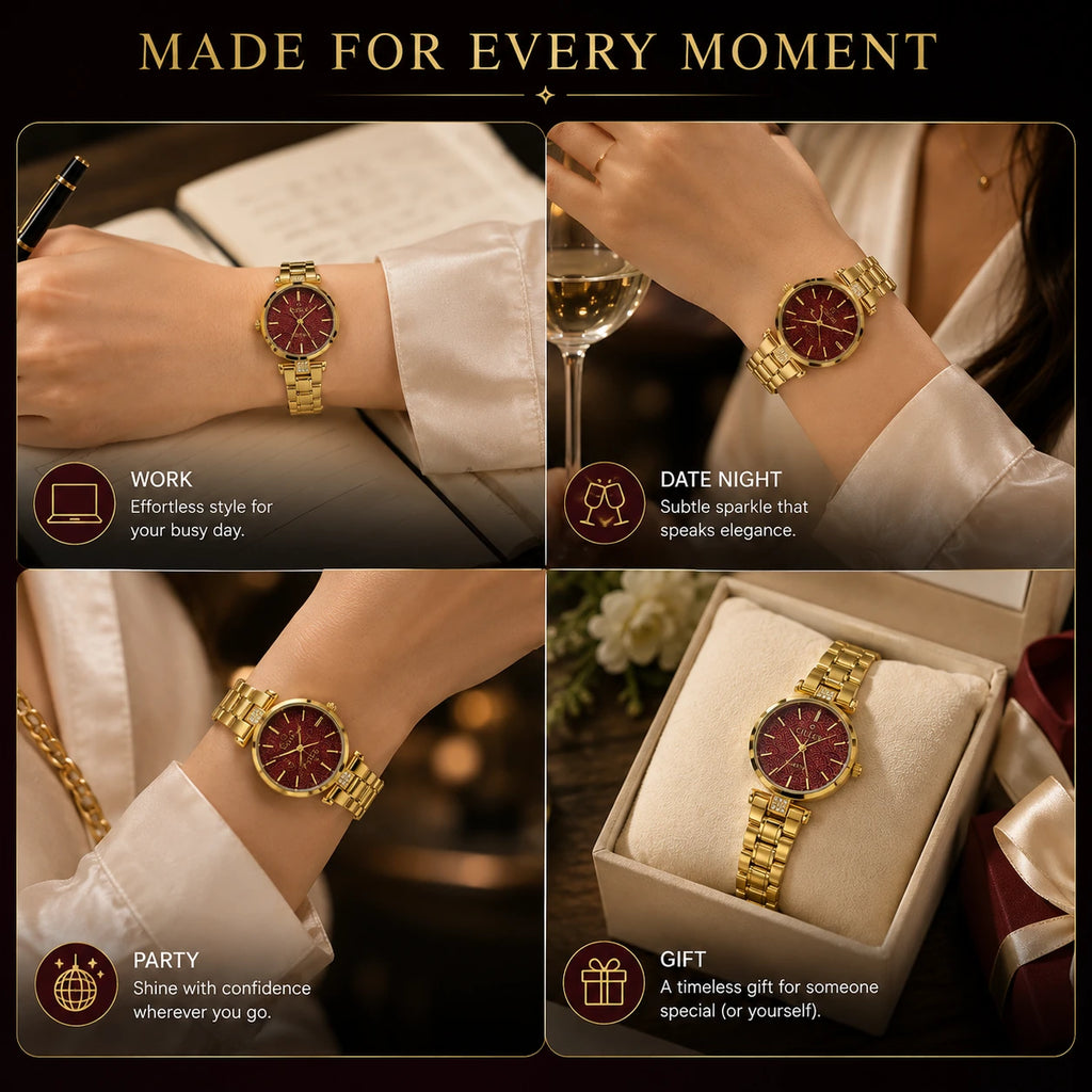 CILLEX Petite Gold Watch — Burgundy Wave Dial