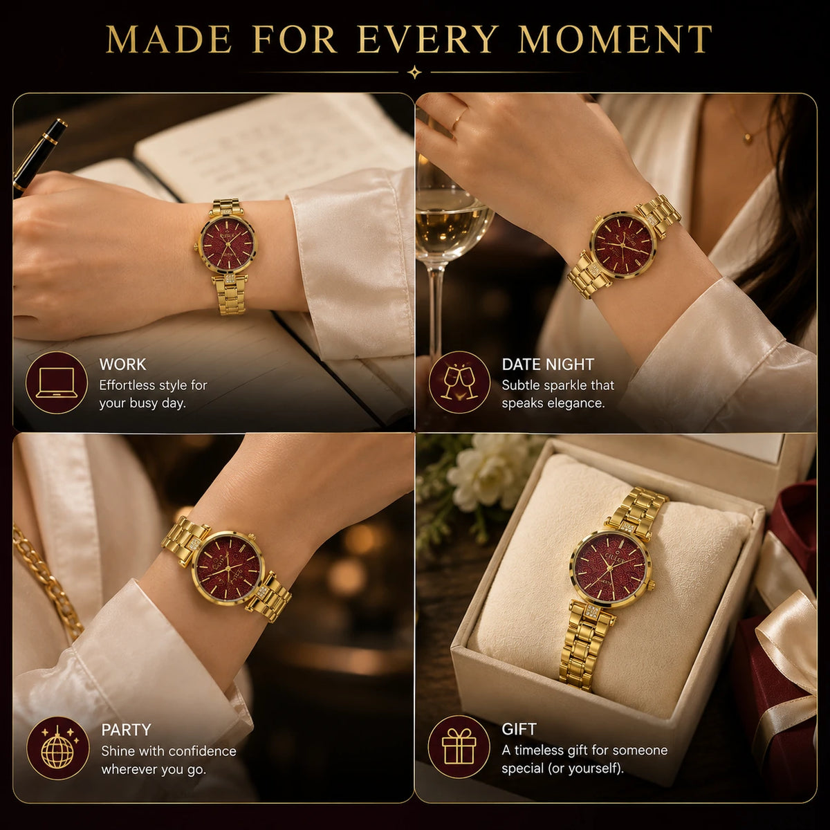 CILLEX Petite Gold Watch — Burgundy Wave Dial