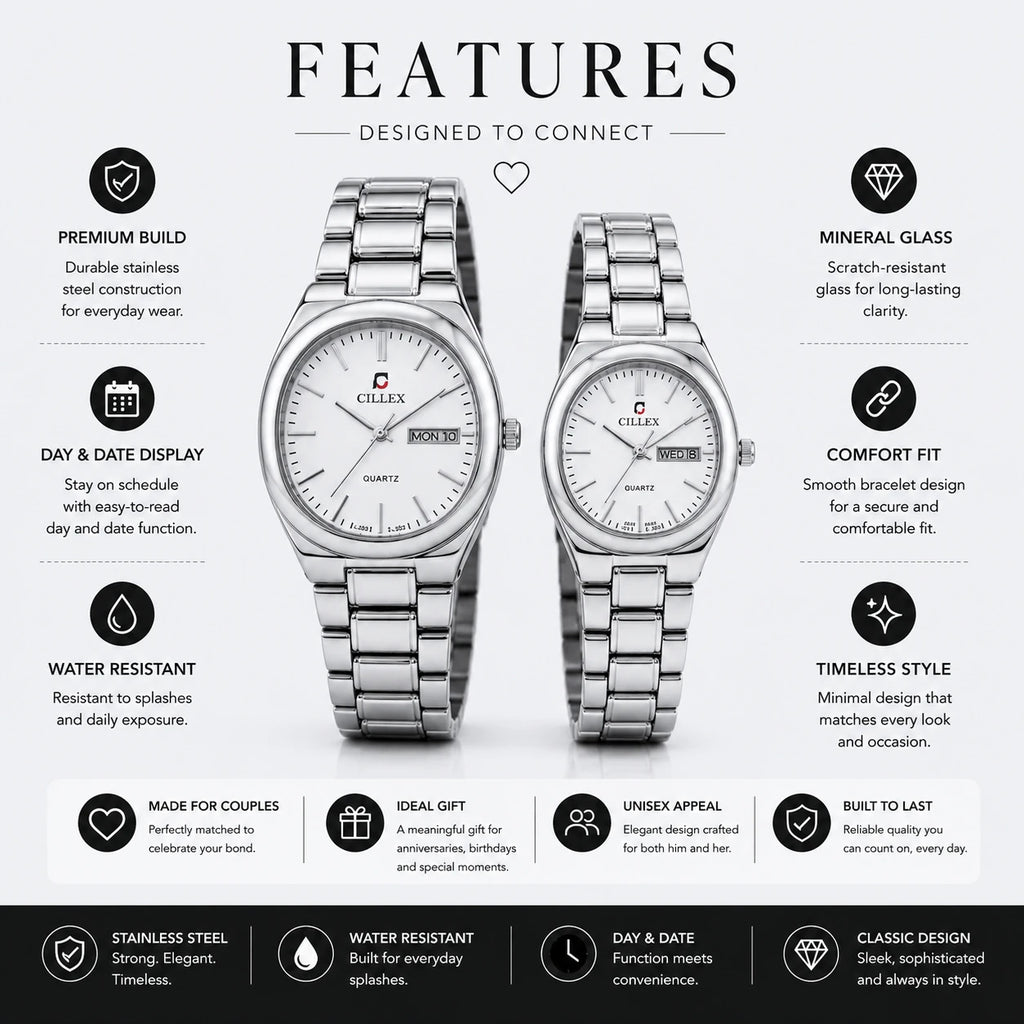 CILLEX CL-5033 Silver — Couple Watch Set | White Dial Steel
