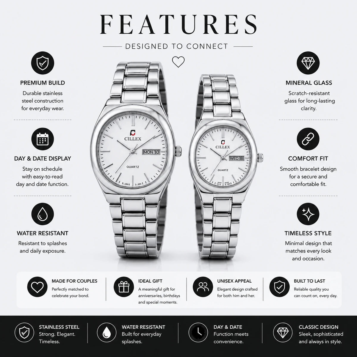 CILLEX CL-5033 Silver — Couple Watch Set | White Dial Steel