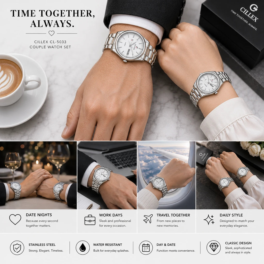 CILLEX CL-5033 Silver — Couple Watch Set | White Dial Steel