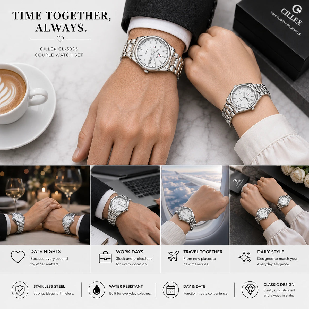 CILLEX CL-5033 Silver — Couple Watch Set | White Dial Steel