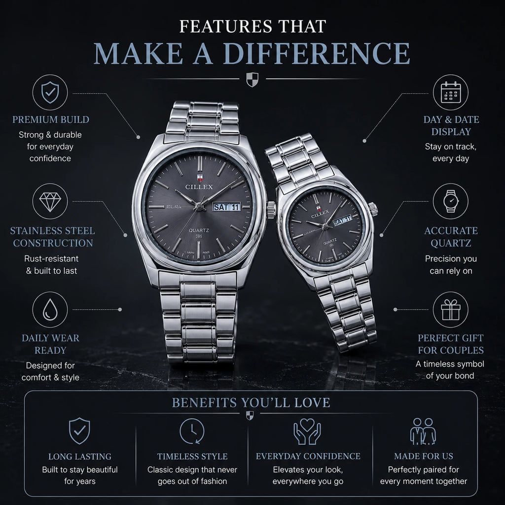 CILLEX CL-5033 Slate — Couple Watch Set | Grey Dial Steel