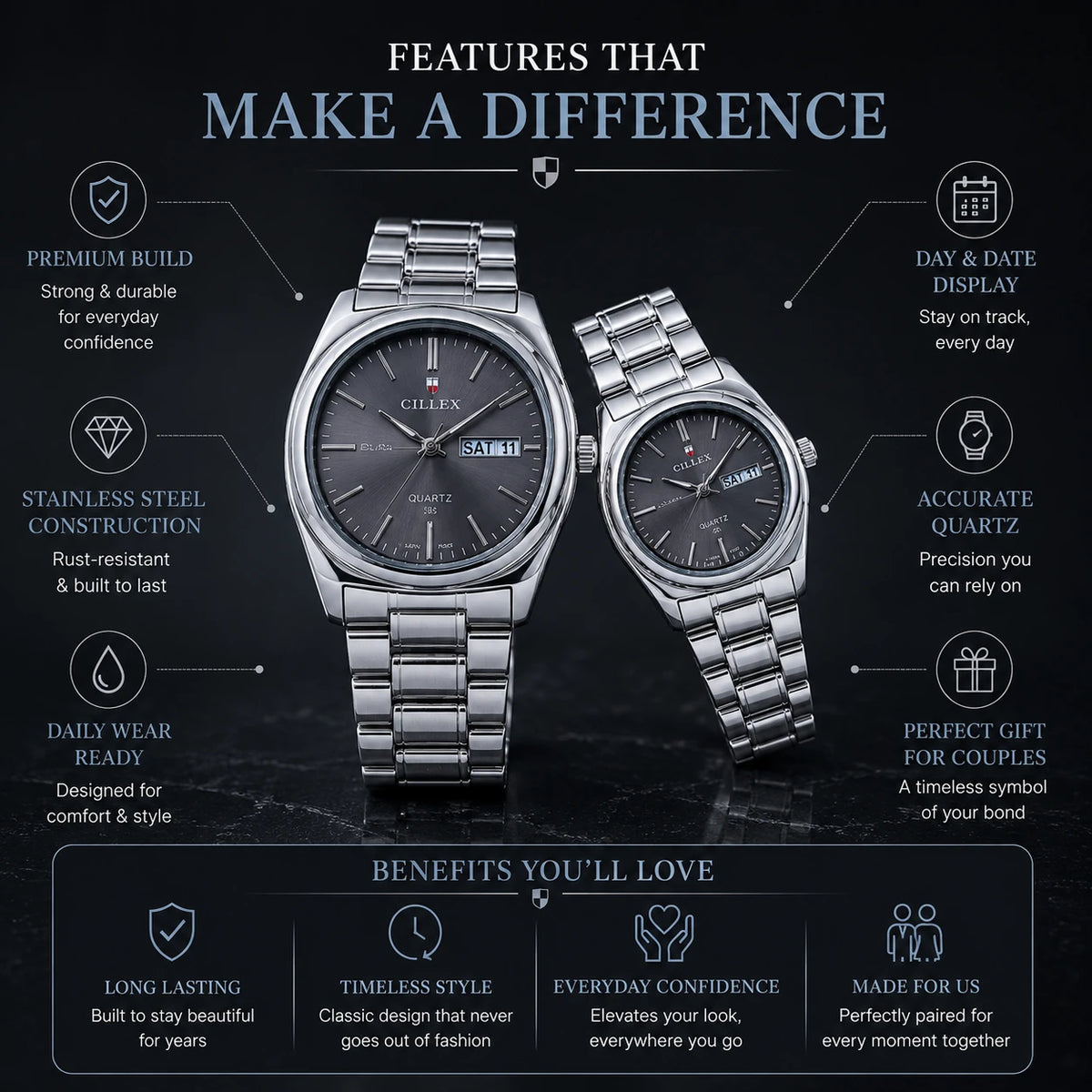 CILLEX CL-5033 Slate — Couple Watch Set | Grey Dial Steel