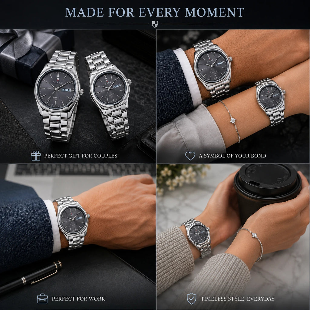 CILLEX CL-5033 Slate — Couple Watch Set | Grey Dial Steel