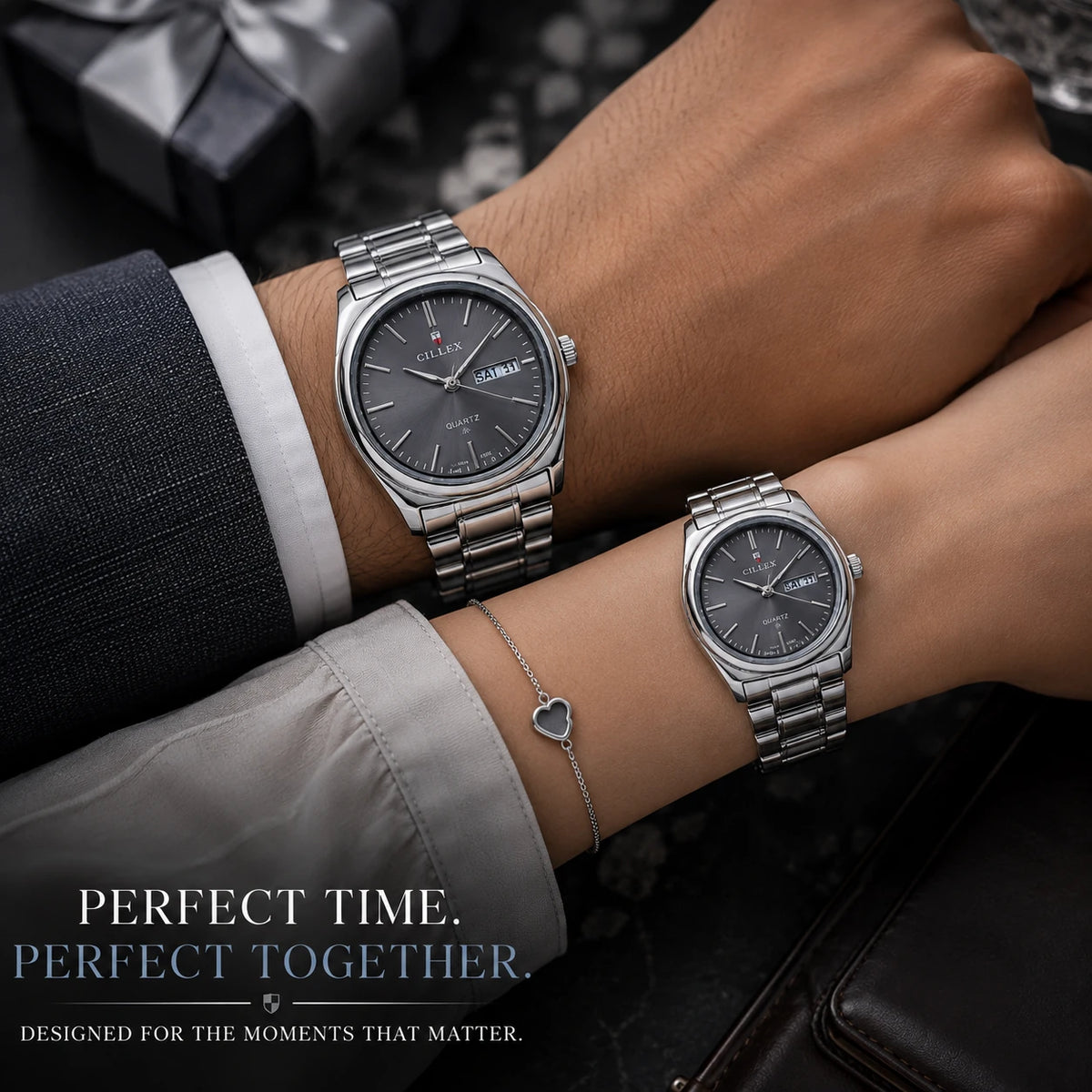 CILLEX CL-5033 Slate — Couple Watch Set | Grey Dial Steel