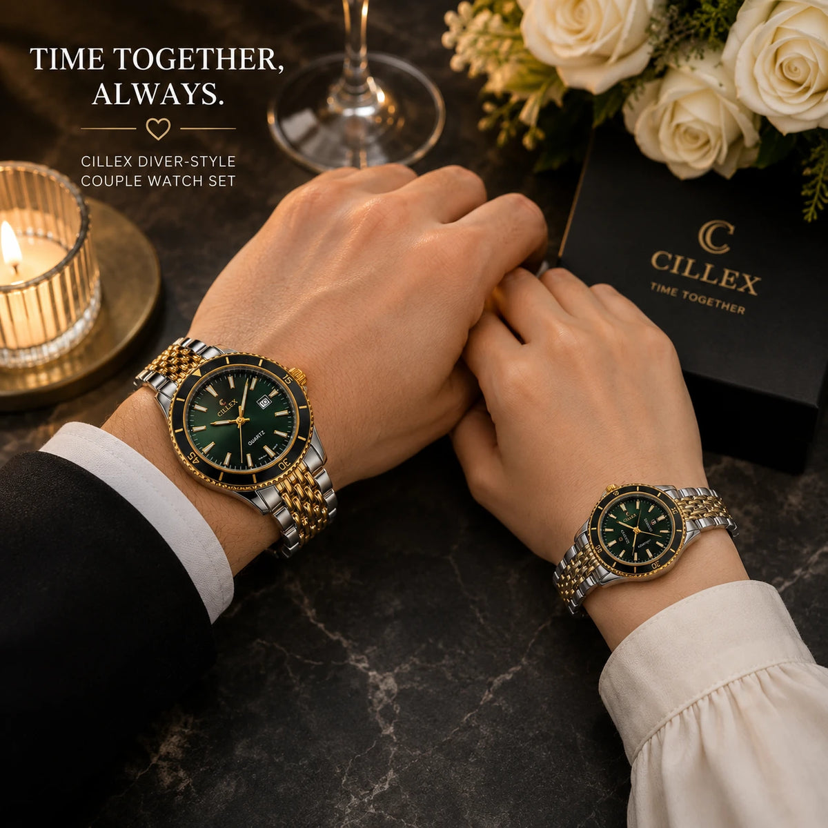 CILLEX Diver-Style Couple Watch Set — Two-Tone