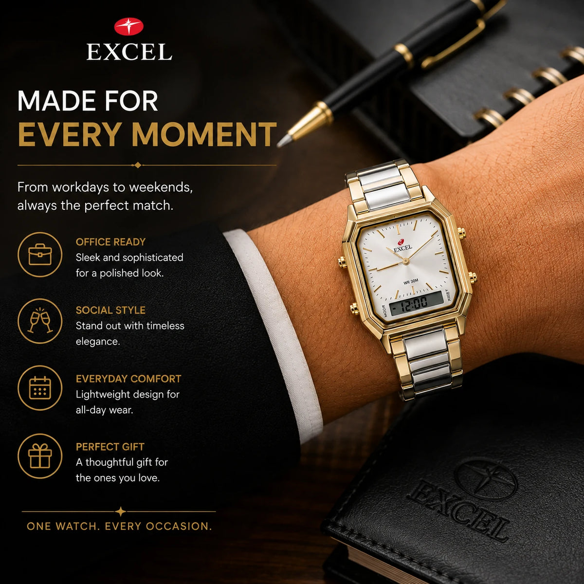 EXCEL Aurora Ana-Digi — Two-Tone Square Watch