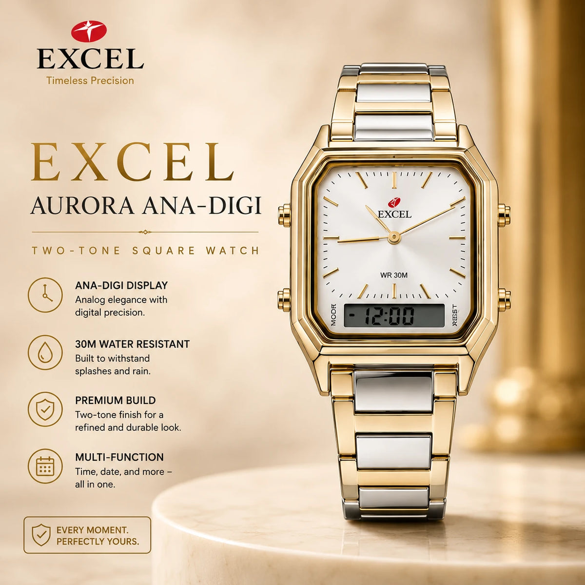 EXCEL Aurora Ana-Digi — Two-Tone Square Watch