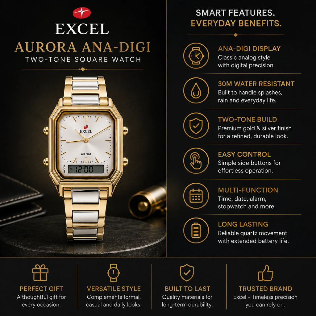 EXCEL Aurora Ana-Digi — Two-Tone Square Watch