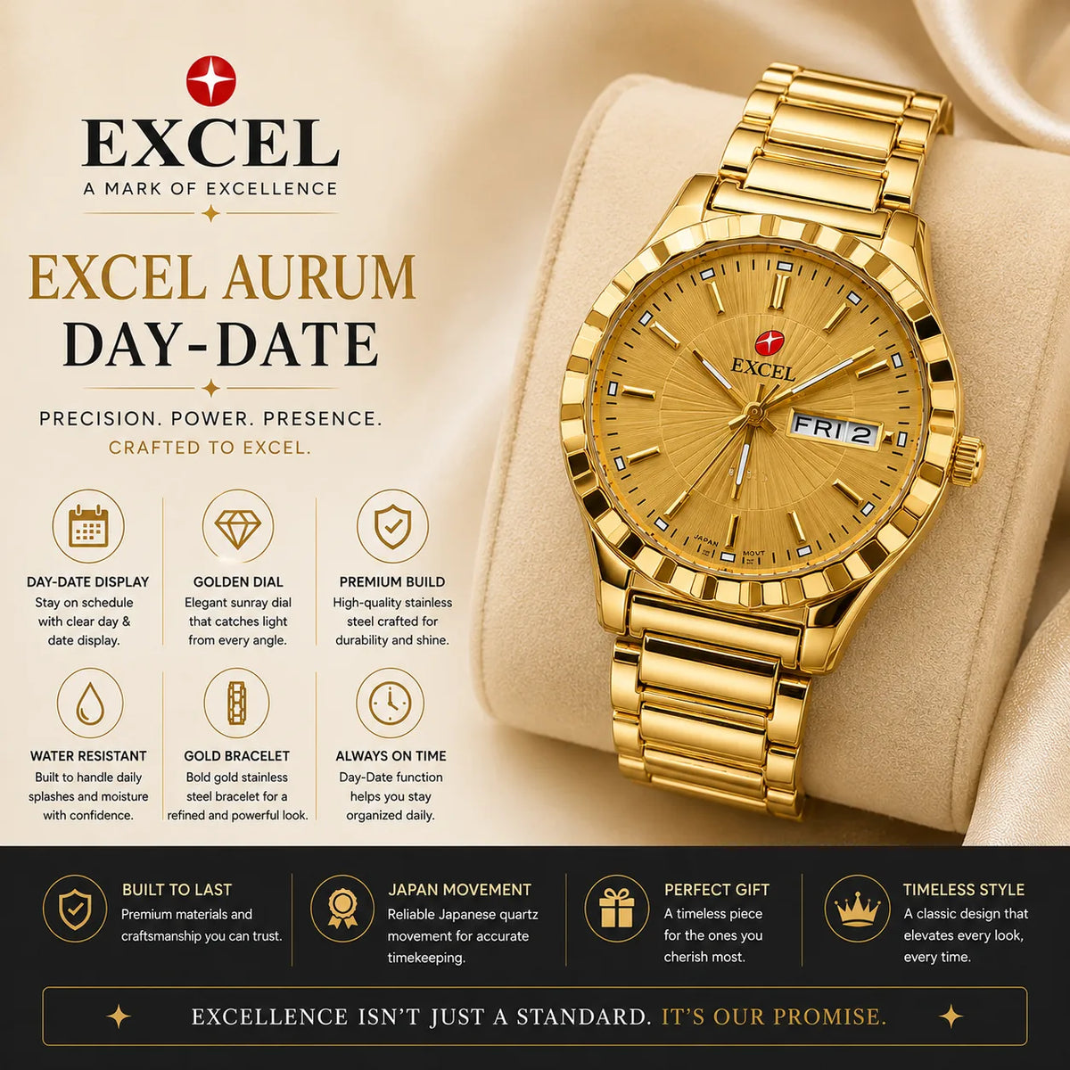 EXCEL Aurum Day-Date — Gold Bracelet Watch
