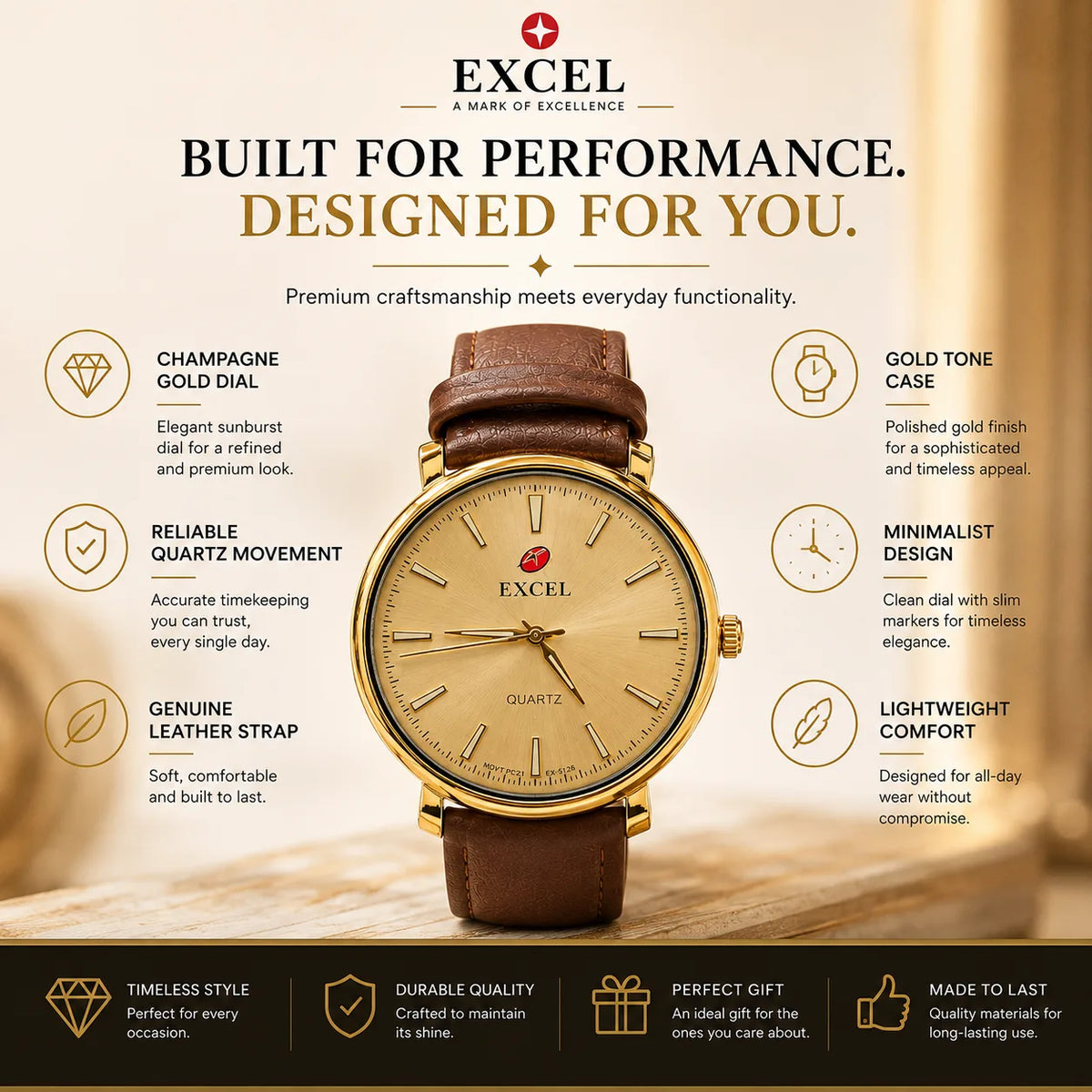 EXCEL Champagne Gold — Leather Dress Watch