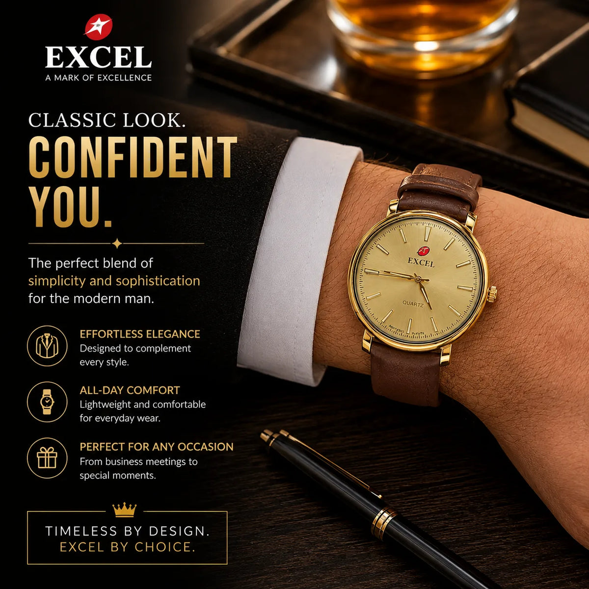 EXCEL Champagne Gold — Leather Dress Watch