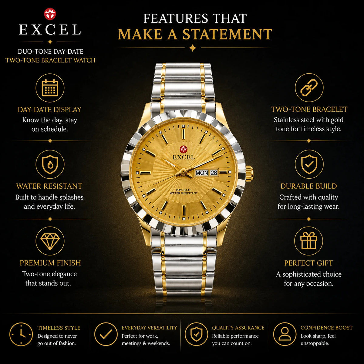 EXCEL Duo-Tone Day-Date — Two-Tone Bracelet Watch