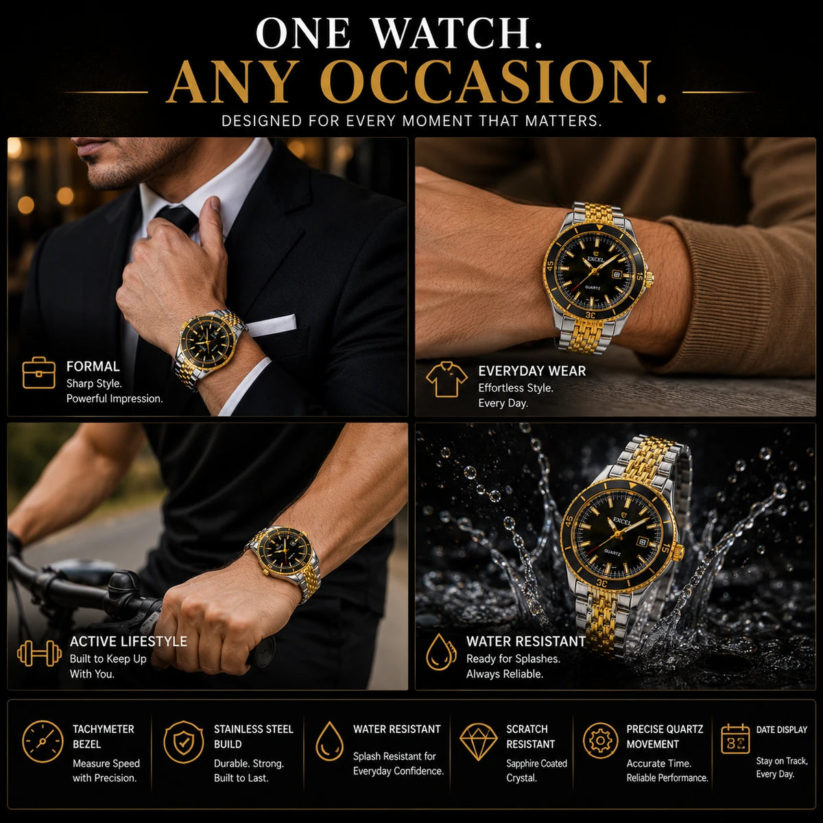 EXCEL Gold Chronograph Watch — Tachymeter | Black Dial