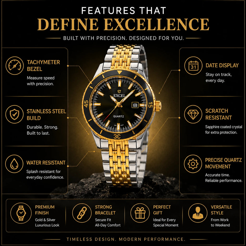 EXCEL Gold Chronograph Watch — Tachymeter | Black Dial