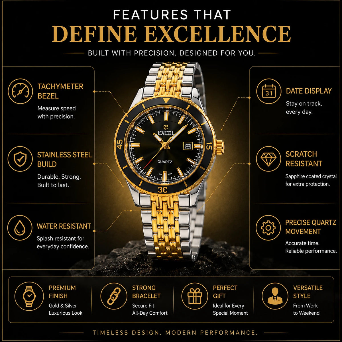 EXCEL Gold Chronograph Watch — Tachymeter | Black Dial