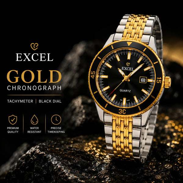 EXCEL Gold Chronograph Watch — Tachymeter | Black Dial