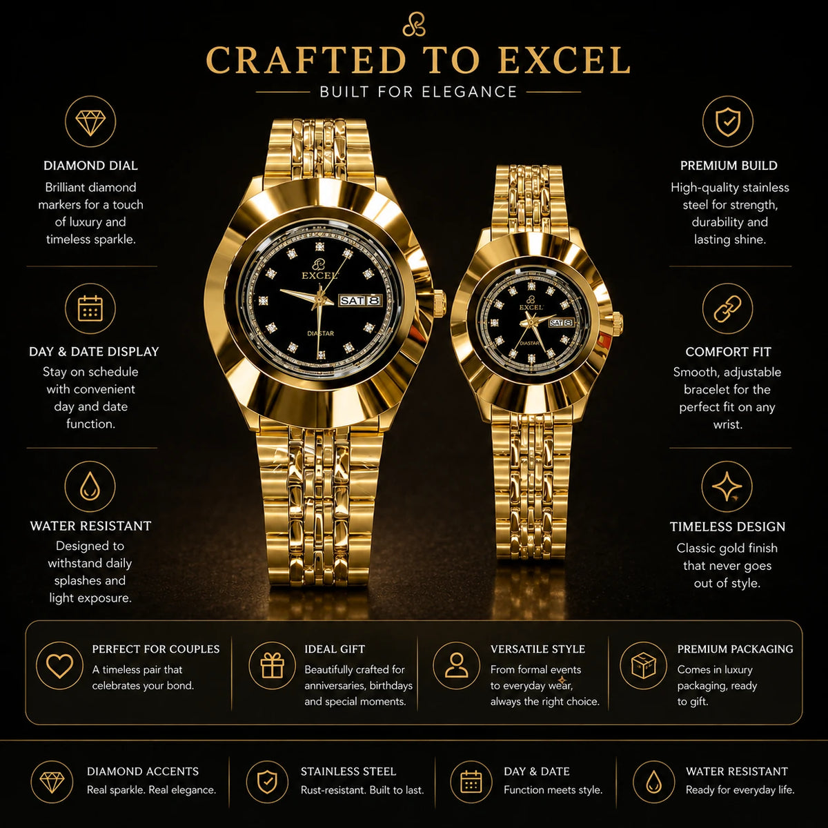 EXCEL Diastar Gold — Diamond Dial Couple Watch Set