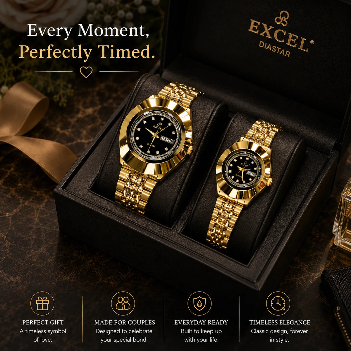 EXCEL Diastar Gold — Diamond Dial Couple Watch Set