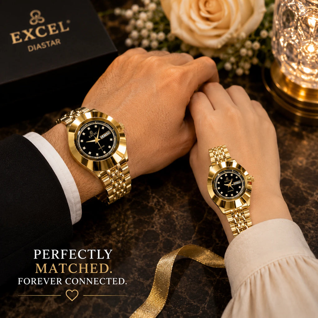 EXCEL Diastar Gold — Diamond Dial Couple Watch Set