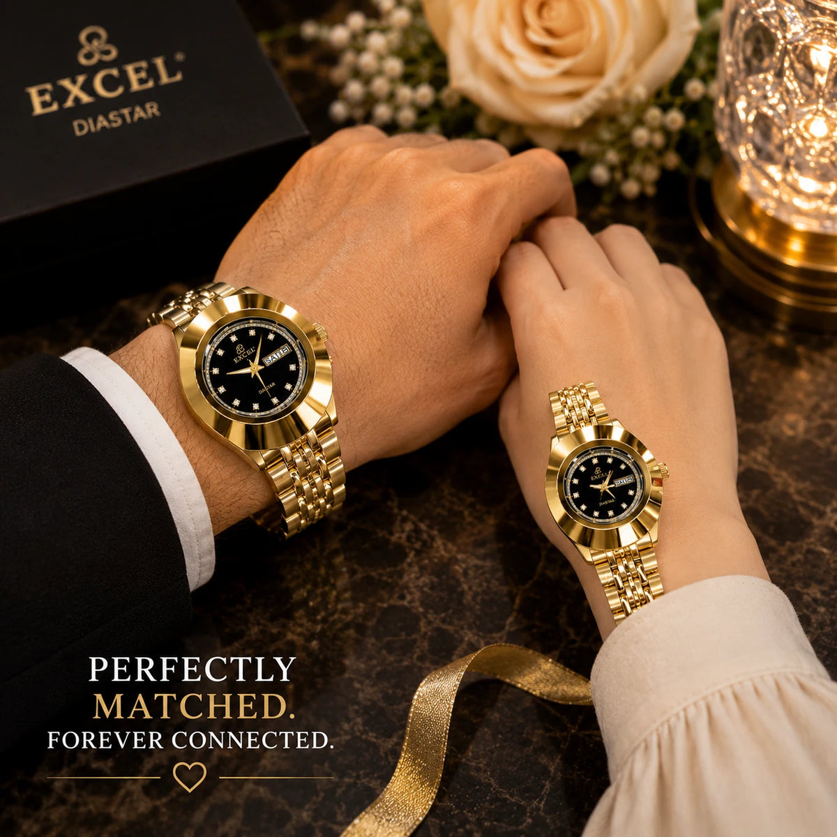 EXCEL Diastar Gold — Diamond Dial Couple Watch Set