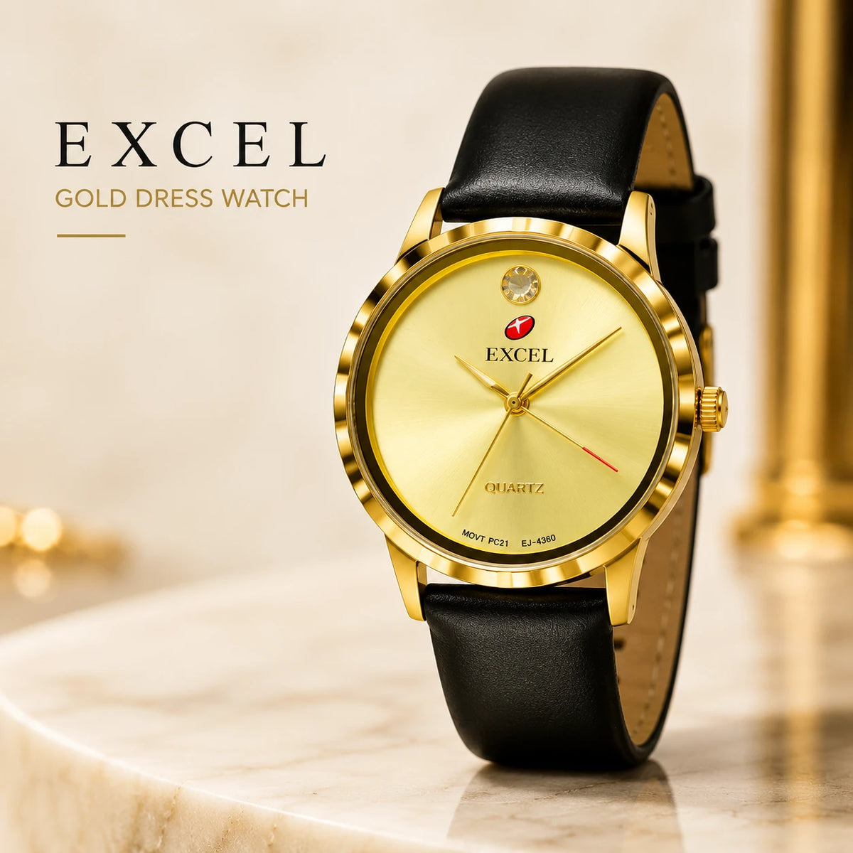 EXCEL Gold Dress Watch — Black Leather Strap
