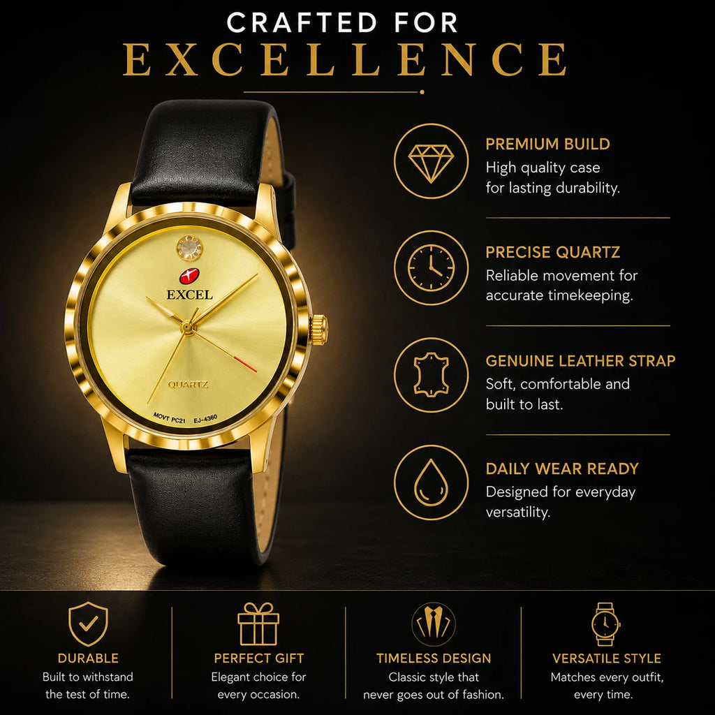 EXCEL Gold Dress Watch — Black Leather Strap