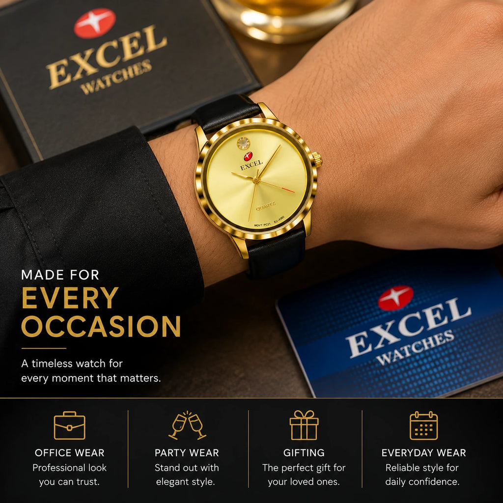 EXCEL Gold Dress Watch — Black Leather Strap