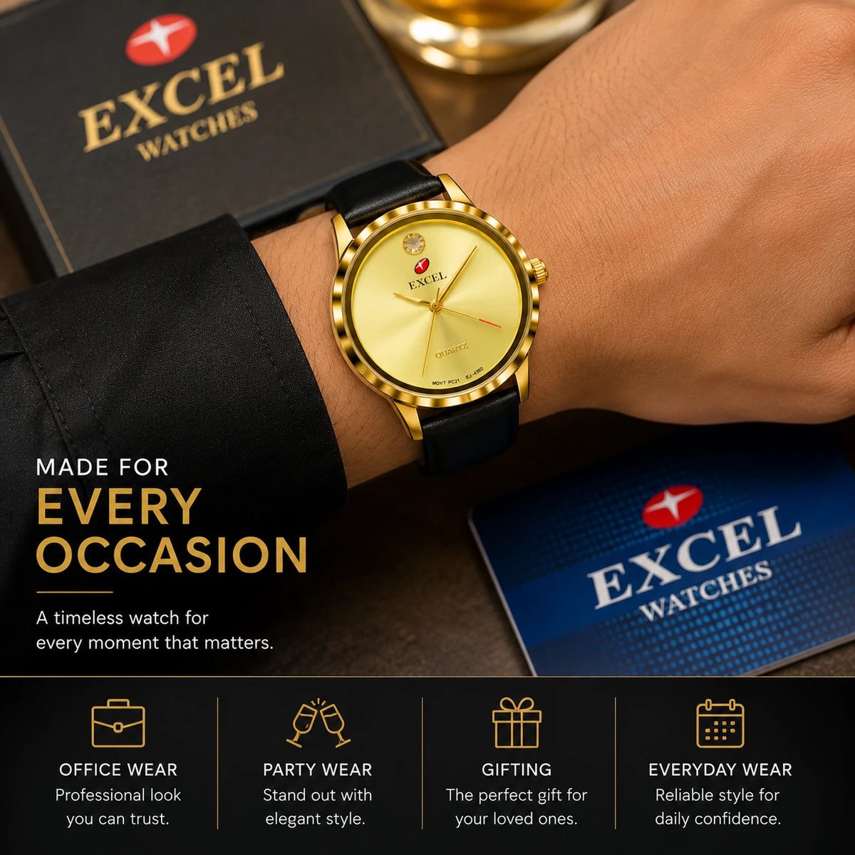 EXCEL Gold Dress Watch — Black Leather Strap