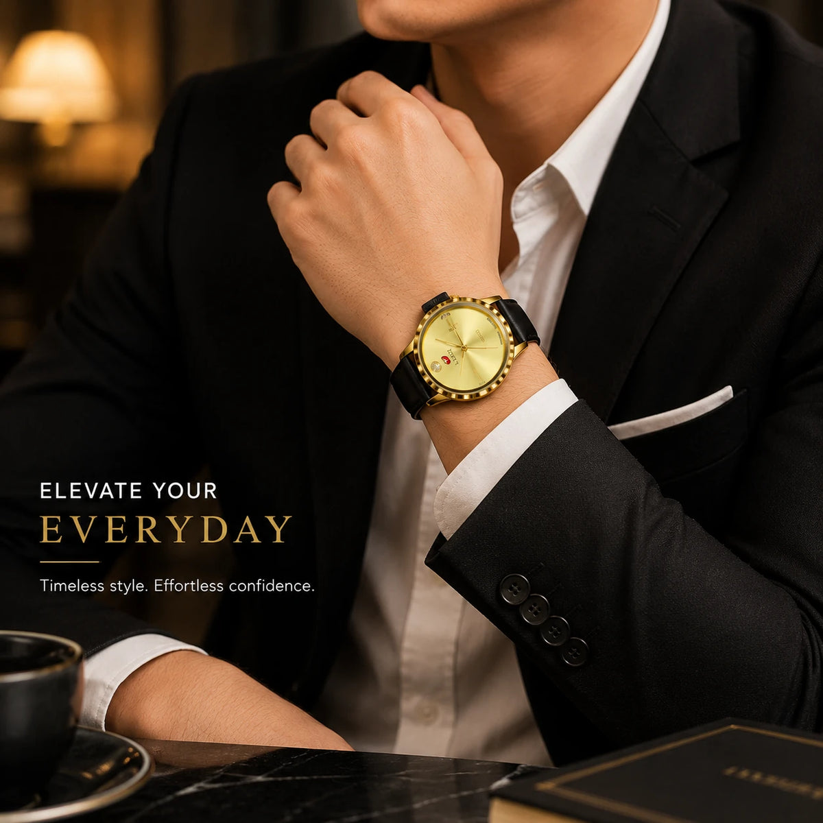 EXCEL Gold Dress Watch — Black Leather Strap