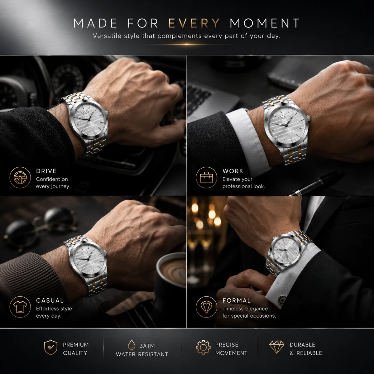 EXCEL Horizon Two-Tone Watch — Silver Textured Dial