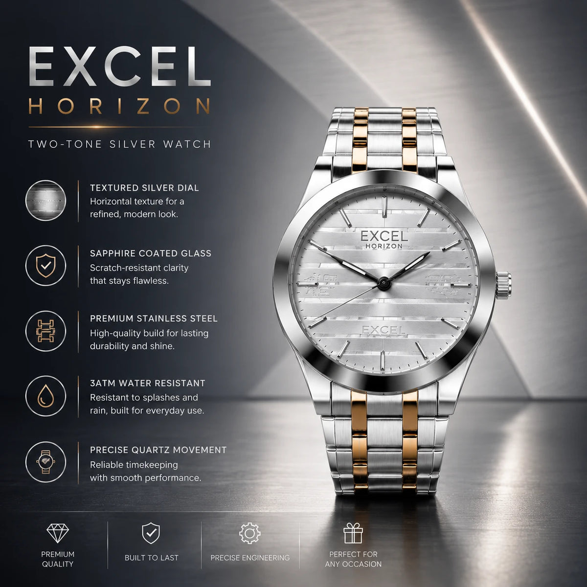 EXCEL Horizon Two-Tone Watch — Silver Textured Dial