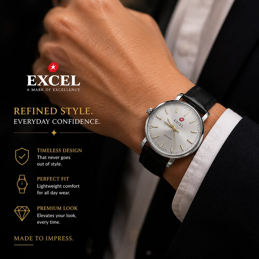 EXCEL Ivory Steel — Silver Dial Leather Watch | Black Strap
