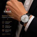 EXCEL Ivory Steel — Silver Dial Leather Watch | Black Strap