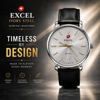 EXCEL Ivory Steel — Silver Dial Leather Watch | Black Strap