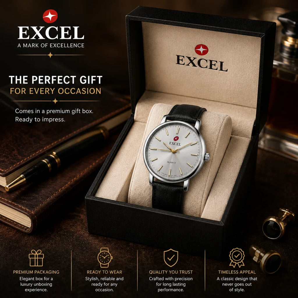 EXCEL Ivory Steel — Silver Dial Leather Watch | Black Strap