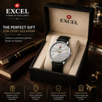EXCEL Ivory Steel — Silver Dial Leather Watch | Black Strap