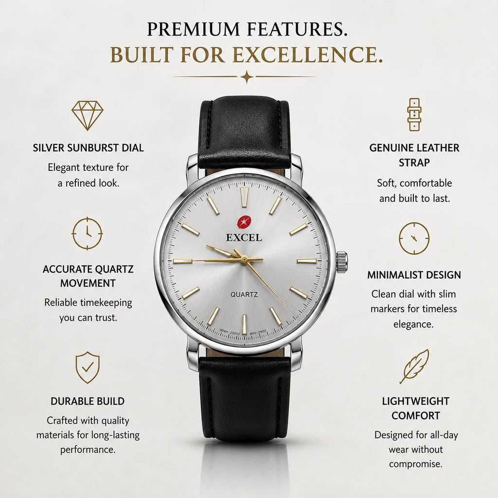 EXCEL Ivory Steel — Silver Dial Leather Watch | Black Strap