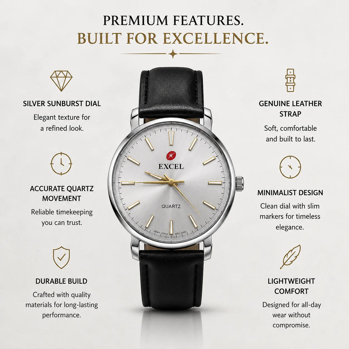 EXCEL Ivory Steel — Silver Dial Leather Watch | Black Strap