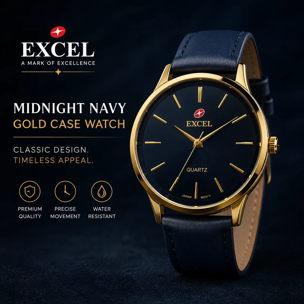 EXCEL Midnight Navy — Gold Case Leather Watch