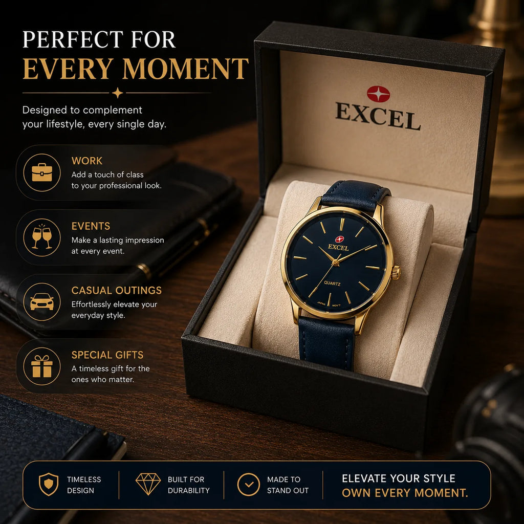 EXCEL Midnight Navy — Gold Case Leather Watch